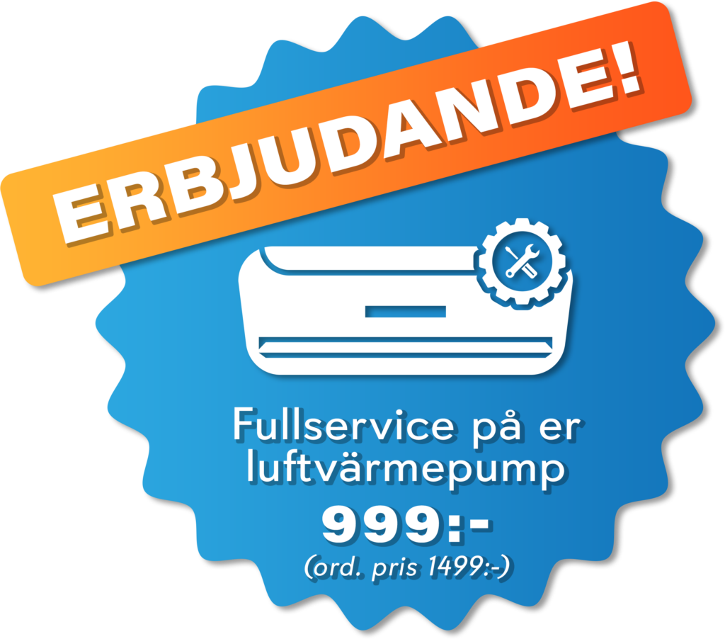 En ikon med ett erbjudande på luftvärmepump och texten "Fullservice på er luftvärmepump 999kr (ord. pris 1499kr)